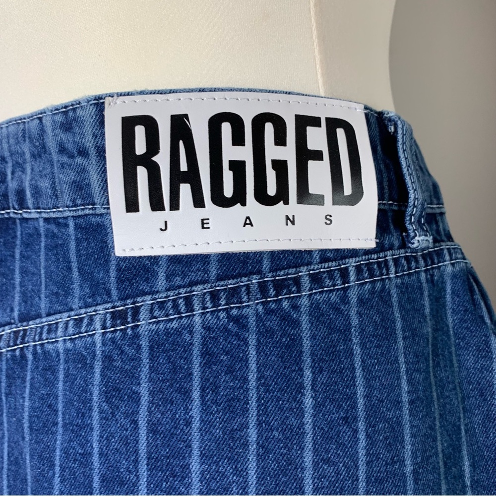 Ragged Priest Blue Denim Mini Skirt Pinstripe Flare With Pleats Waist 34" UK 16 - Picture 6 of 14